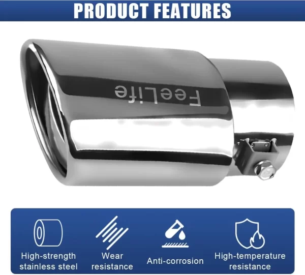 FeeLife Stainless Steel Car Exhaust Tail Pipe Tip, 2.5" Inlet 3.3" Outlet Chrome-Plated Finish Tailpipe Exhaust Tip, Adjustable Car Modification Tail Throat Tail Pipe for Most Cars (Silver, Straight)