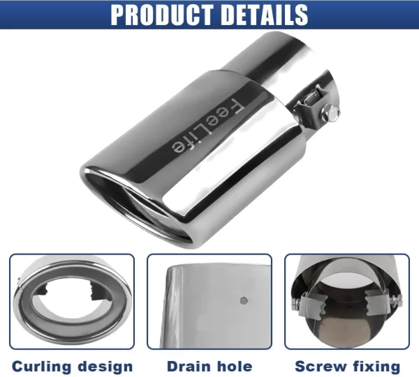 FeeLife Stainless Steel Car Exhaust Tail Pipe Tip, 2.5" Inlet 3.3" Outlet Chrome-Plated Finish Tailpipe Exhaust Tip, Adjustable Car Modification Tail Throat Tail Pipe for Most Cars (Silver, Straight)